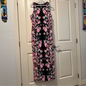 Guess Peekaboo-Back Jersey Maxi Dress Black Pink Floral Sleeveless Cutouts Sz 14